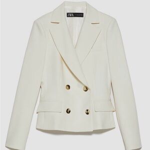 Zara NWOT Ecru Cream Double-Breasted Exaggerated Waist Blazer Lined, Size L